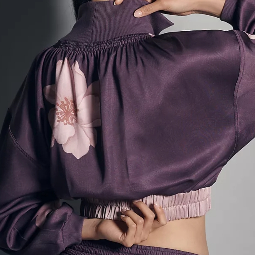 Purple Satinny Floral Crop Bomber Jacket w/wideleg Track Pant match L - Picture 6 of 8